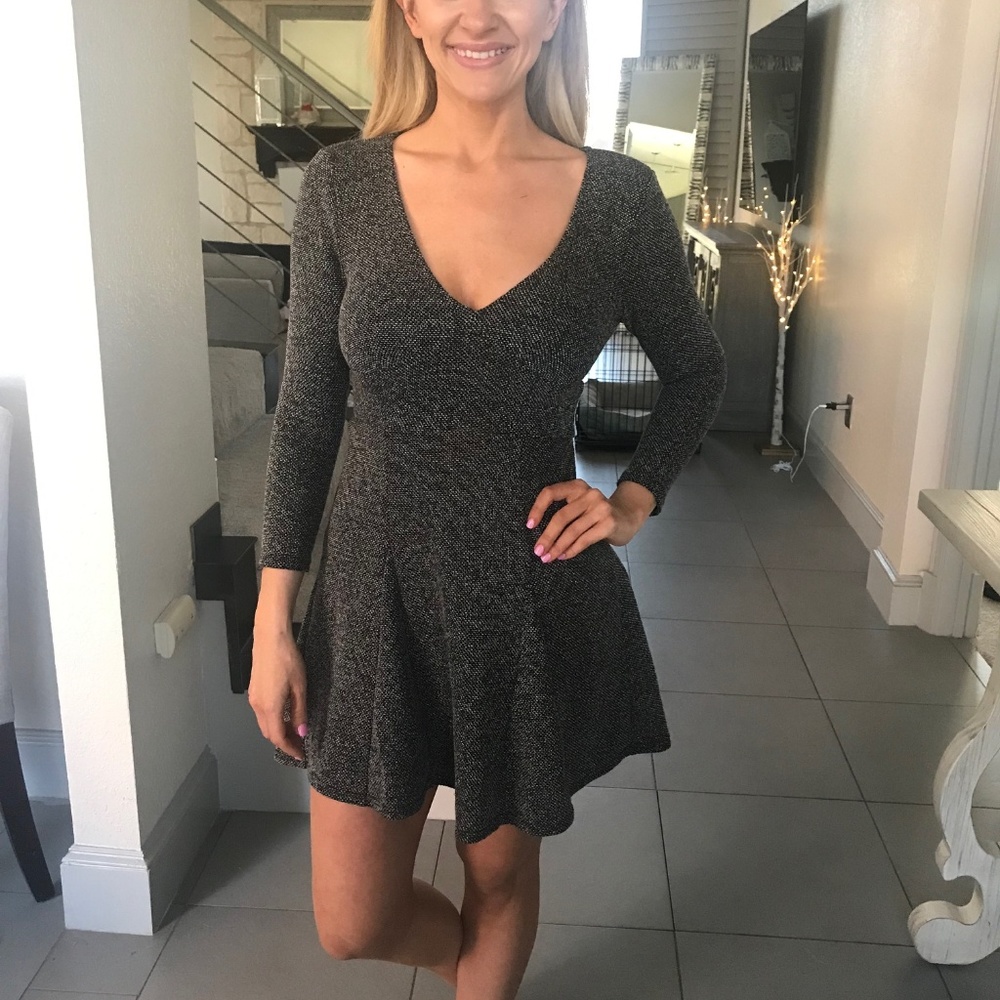 Free People Black Sparkle V-Neck Long Sleeve Skater Dress